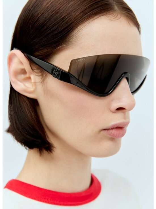 Gucci GG1650S 011 Sunglasses Grey Silver Shield Frame, Green Mirror Lenses main image 8